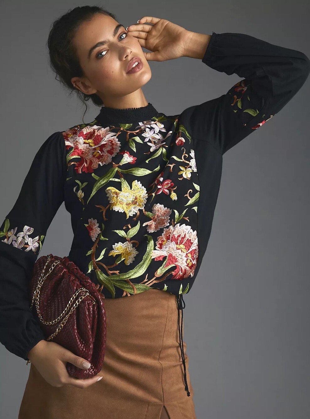 Tiny Anthropologie Heavily Embroidered Floral Knit Blouse Size XS